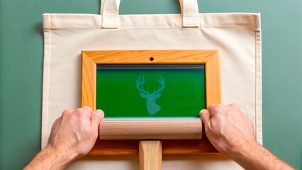 Hands pushing a squeegee across a screen with a deer design on green fabric