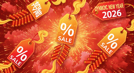 Festive graphic with sale tags and red firecracker strings, symbolizing celebration and retail promotion for event, such as Chinese New Year
