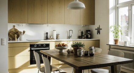 Bright Scandinavian Kitchen Interior with Light Wood Cabinetry, Rustic Dining Table, and Natural Sunlight