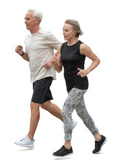 Senior couple doing sports and jogging, isolated on white and transparent background © Martin