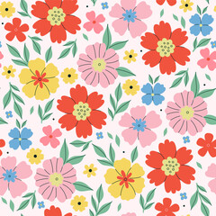 Seamless pattern with multicolored flowers on a light background. Vector graphics.