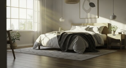 Bright and Serene Modern Bedroom with Natural Light, Minimalist Decor, and Cozy Furnishings - A Tranquil Home Interior