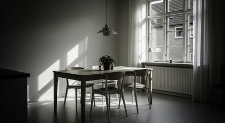 Modern Dining Room Interior Bathed in Natural Light, Featuring Wooden Furniture and a Serene Ambiance