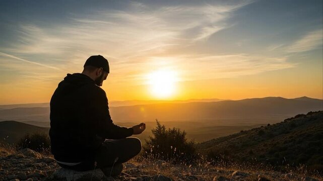 Man silhouette with hands raised in prayer against sunset background