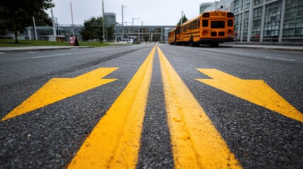 Obraz premium Medium shot capturing freshly painted double lines and arrows on asphalt defining organized traffic flow in a school bus dropoff zone highlighting the crisp lane markings.