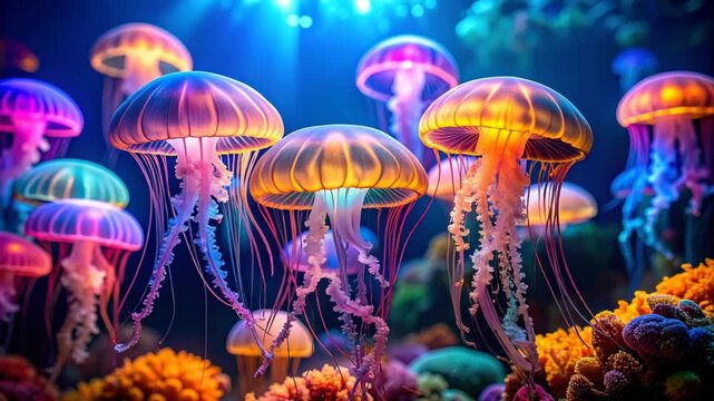 Luminous jellyfish drifting gracefully through a vibrant coral reef habitat at twilight, emitting colorful bioluminescence in the deep sea environment