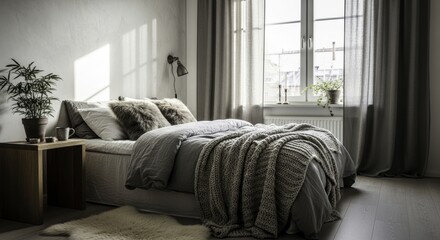 Serene bedroom interior with grey linen bedding, plush faux fur pillows, a chunky knit throw, wooden nightstand, and natural light creating a cozy ambiance