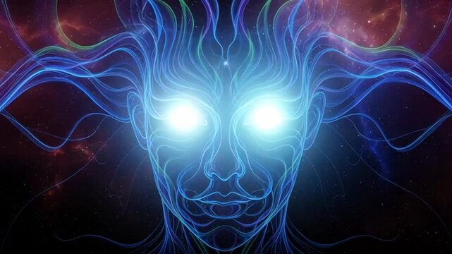 Abstract Face with Glowing Eyes and Wavy Energy Lines, Cosmic Background