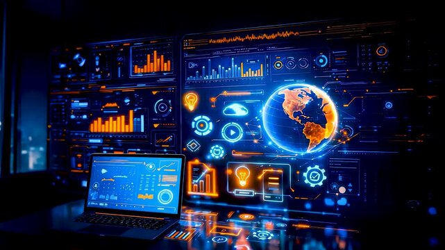 Global data analytics command center with interactive dashboards, earth visualization, real time intelligence monitoring and enterprise decision systems