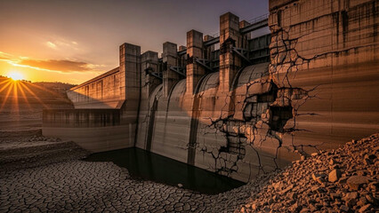Damaged concrete dam with cracked walls and rubble at sunset with a serene sky