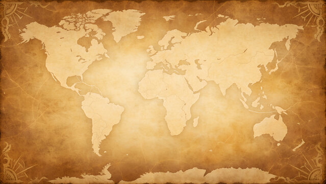 Vintage world map illustration on aged parchment paper texture with antique border and compass rose details, perfect for travel themes
