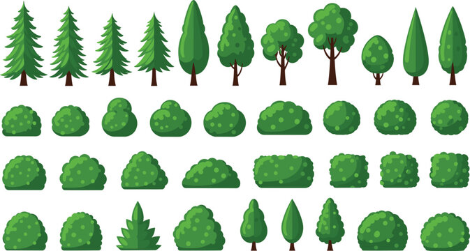 Green trees and bushes set with forest plants, shrubs and foliage elements, flat vector nature illustration