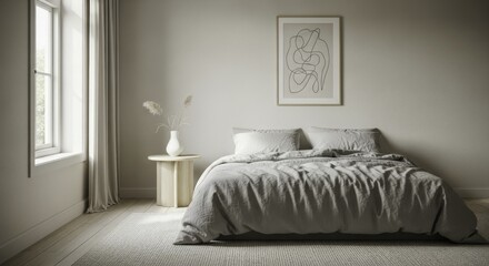 Minimalist Bedroom Interior with Neutral Tones, Light Grey Bedding, Wooden Accents, and Abstract Art Under Soft Natural Light