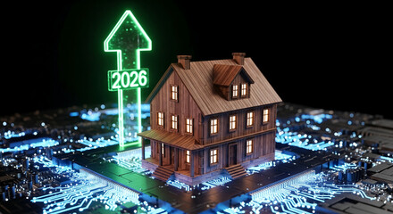 Wooden house model placed on glowing circuit board with a luminous arrow showing 2026, representing technology impacting the real estate sector