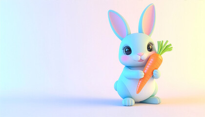 Cute 3D cartoon bunny holding a huge carrot on pastel background