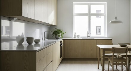Bright and Minimalist Scandinavian Kitchen and Dining Area with Natural Light, Light Wood Cabinets, and White Countertops