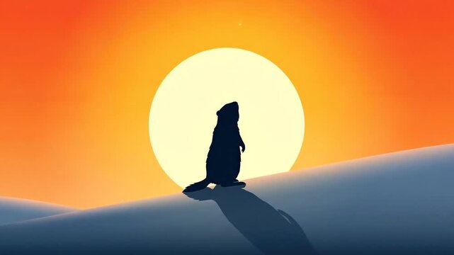 Silhouette of a groundhog against a vibrant sunset sky