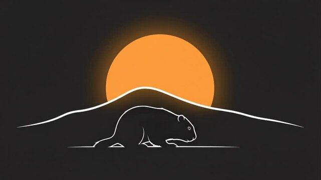 Silhouette of a groundhog and sun over mountain landscape