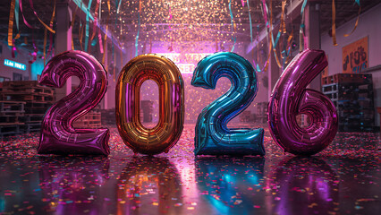 屋内イベント会場で数字バルーン2026を紙吹雪の床とともに夜に撮影