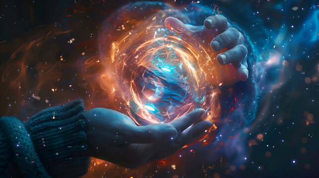 Mysterious ancient artifact held by mage with temporal distortion effects