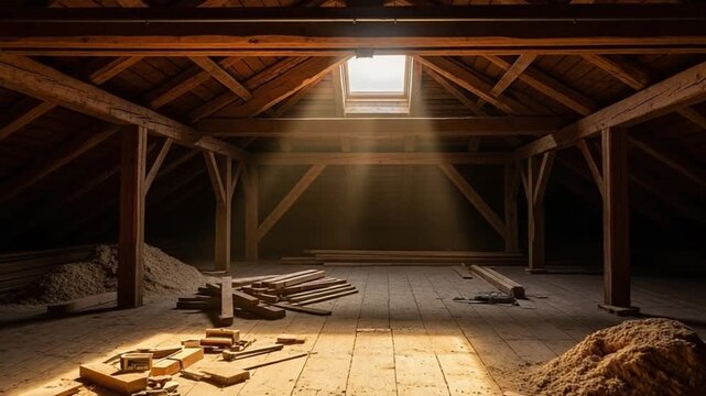 Dimly Lit Attic Space with Wooden Beams and Flooring, Natural Light Streaming Through Skylight, Surrounded by Wooden Planks and Debris