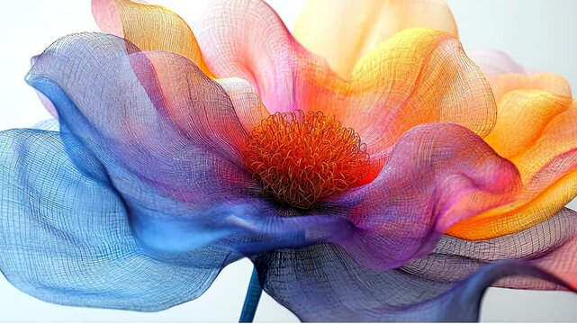 Delicate layered fabric flower. A large flower crafted from layers of colorful fabric, with intricate details in each petal.