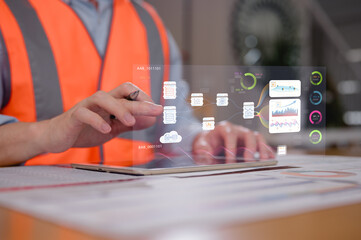 Engineer wearing safety vest using pen and digital tablet working with virtual ai diagram, The concept of generative AI technology creating content from user prompts using advanced algorithms