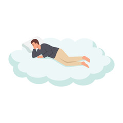 Man Sleeping on Cloud Representing Dream and Relaxation. Flat vector illustration isolated on white background