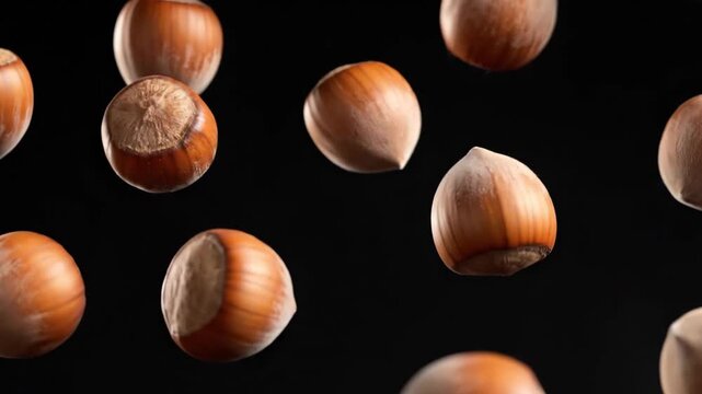 Numerous whole hazelnuts with their shells appear to be floating or falling against a stark black background, showcasing natural health.