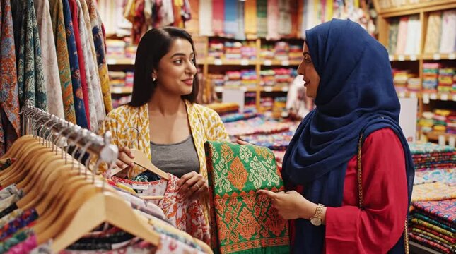 Two diverse women, one in a hijab, smiling and discussing vibrant patterned fabrics in a textile shop, reflecting cross-cultural shopping and frien...