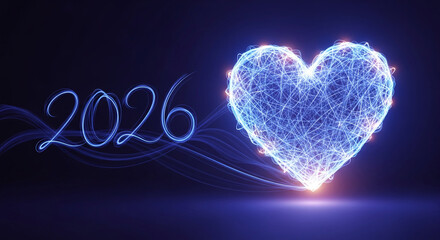 Image with a light blue glowing heart and "2026" written in light trails, representing love, future, hope, and Valentine's Day celebration