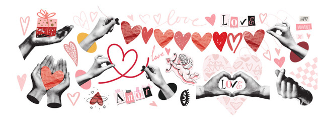 A set of halftone collages of hands with hearts. Love and Valentine s Day, romantic date. Stickers with dot texture for scrapbooking. Modern vintage vector illustration.