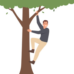 Smiling man climbing a tree, symbolizing outdoor activity, adventure. Flat vector illustration isolated on white background