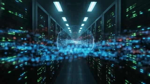 A glowing sphere of digital data pulses with red and green light inside a modern server room, symbolizing global connectivity and information processing.