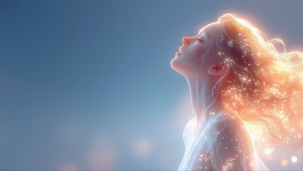 デジタルと融合し光り輝く女性のスピリチュアルな横顔