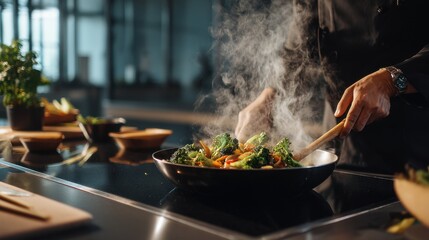 Chef stir-frying vegetables in modern kitchen: steaming broccoli and carrots on stove.