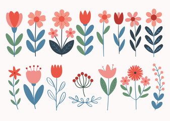 Vector set of spring hand drawn decorative with flowers, branches, bouquets, watering can, teapot  Spring holidays. Perfect for Valentine's Day, Women's Day, Easter, Mother's Day