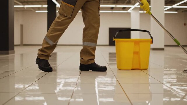 A person wearing work trousers and boots walks across a highly reflective, freshly mopped floor with a yellow bucket and mop in a large, empty commercial space.