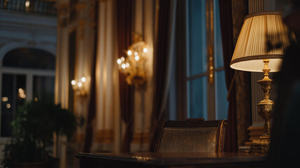 Evening council meeting in a historic town hall, warm lighting and architectural details emphasizing tradition, civic responsibility, and municipal governance. cinematic color correction, natural