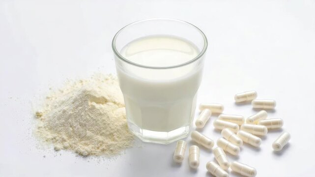 Different forms of colostrum supplement including powder, capsules, liquid milk on white background, highlighting versatile nutrient-rich options for immunity, gut health, daily wellness support