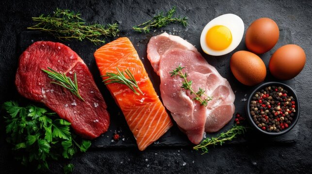 Assorted raw protein: fresh beef, salmon, pork, and eggs with herbs on black slate.