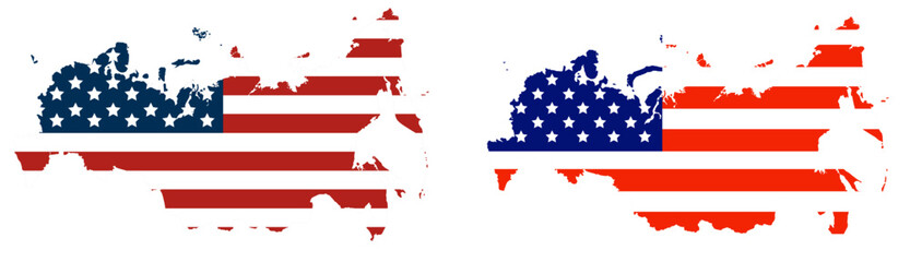 Obraz premium Russia Map with United States Flag Overlay, Geopolitical Relations and Sanctions Policy, US–Russia Political Tension
