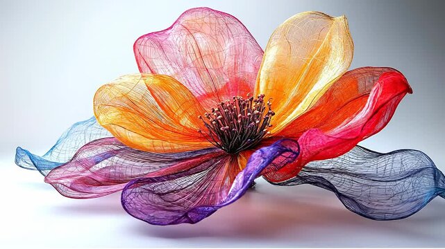 Colorful flower made from thin threads. A flower is created using thin threads in bright colors. It has detailed petals and a central part with small fibers.