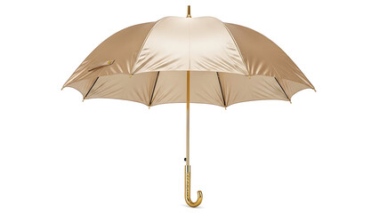 Elegant beige umbrella with a classic wooden hook handle and shaft isolated on a pure white background for rain or sun protection.
