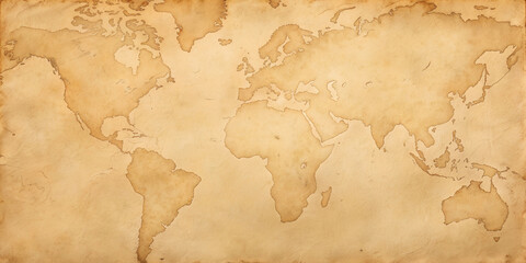 Naklejka premium Vintage world map on aged parchment paper texture background with antique brown stain effect for travel or history concept