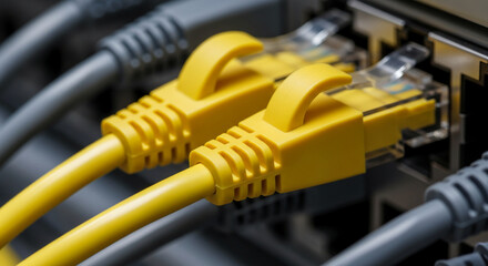 Close-up of two yellow network cables plugged in. Symbolizes connection, data transfer, and network infrastructure, representing technology concept