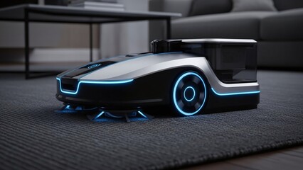 Close-Up of Smart Cleaning Robot Working in Living Room