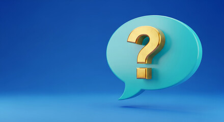 3D render of golden question mark on light blue speech bubble against blue backdrop, symbolizing inquiry, uncertainity, information, and problem solving