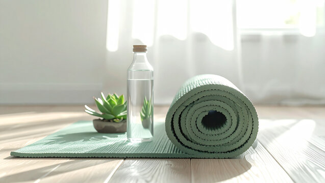 Rolled green yoga mat with glass water bottle and succulent on wooden floor