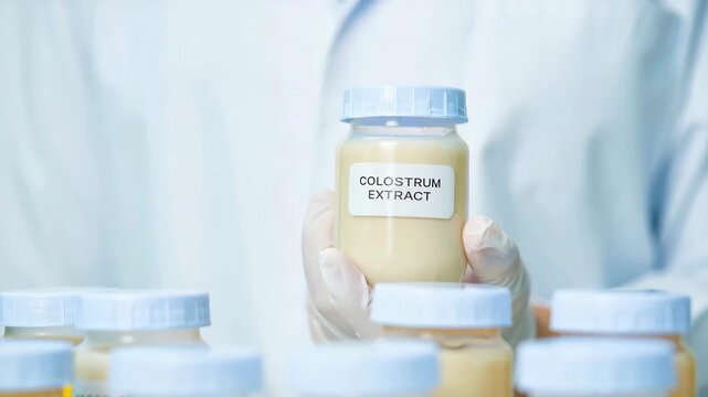 Colostrum extract jar held by scientist in laboratory research, health supplement, nutrition science, immune support, biotechnology, dairy product innovation, medical research, lab experiment